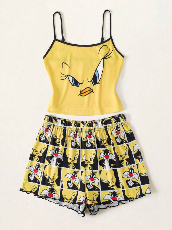 LOONEY TUNES X SHEIN Conjunto de roupa de dormir casual para mulher com top de alças e calções com estampado de desenhos animados, para casa e dia a dia