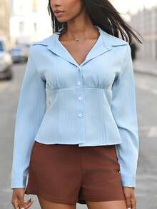 Mima John Fashionable Textured Contrast Color Button Fitted Waist Flattering Striped Collar Long Sleeve Blouse For Women - Blue - View 3