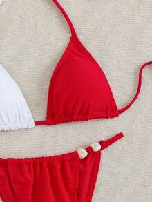 Swim SXY Women's Summer Beach Party Vacation Sexy Red And White Red Bikini Set, Solid Color Halter Neck Patchwork Top, Side Tie Bikini Bottom Set - Red and White - View 6