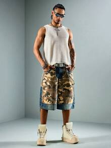 ROMWE MEN Casual Men's Patchwork Camouflage Pattern Wide Leg Loose Fit Denim Capri Pants - Multicolor - View 7