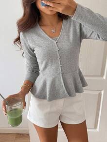 FRIFUL Women's Open Front V-Neck Ruffle Hem Patchwork Solid Color Sweet Casual T-Shirt - Grey - View 11