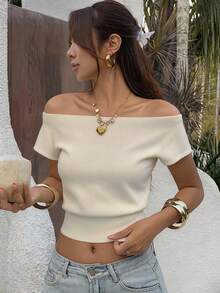 DAZY Women Off-Shoulder Short Sleeve Casual Knit Top, Solid Color - White - View 9