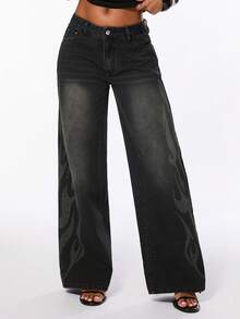 ROMWE Street Life Women's Denim Jeans Long Pants Flame Rune Print Black Street Old School Distressed Faded Cat Whisker - Black - View 4