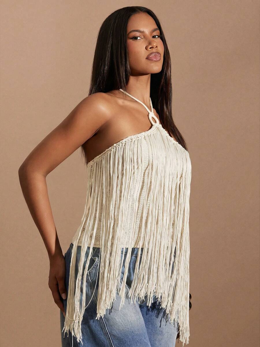 Denimoi Women's Spring/Summer Solid Color Tassel Crochet Sleeveless Knit Top - White - View 1