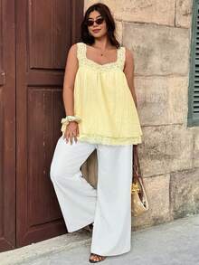 Vionelle Plus Size Woven V-Neck Sexy Boho Floral Double Layer Ruffle Loose Flattering Doll Style A-Line Cami Camisole Vacation Light Yellow Summer Vacation - Light Yellow - View 3