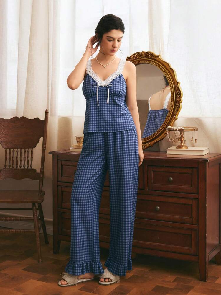 Côtesoire South French Countryside French Romantic Plaid, Women's Contrast Color Embroidered Lace Patchwork Camisole & Ruffle Hem Long Pants Pajama Set - Navy Blue - View 3