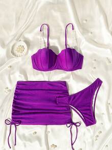 SHEIN Swim Ladies' 3pcs/Set Bikini Set With Faux Pearl Decor And Shell Cups, Including Swimwear, Cover-Up Skirt, For Summer Beach Vacation - Violet Purple - View 4