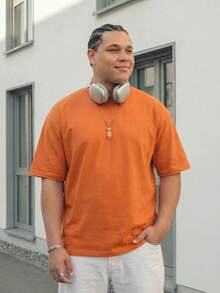 Manfinity EZcore Plus Size Men's Casual Solid Color Short Sleeve T-Shirt, Summer - Orange - View 4