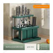 SHEIN 1Pc Multifunctional Knife And Fork Holder Rack,Space Saving Utensil Holder With Removable Water Catch Tray,Utensil Drainer For Kitchen Sink Countertop Green&White Chopsticks Rack Organizer For Knife,Spoon, Fork For Kitchen Bathroom Restaurant,Plastic Version - Multicolor - View 6