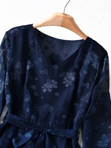 Rusticease Elegant Floral Print V-Neck Waist Knot Dress For Middle-Aged And Elderly Women - Navy Blue - View 4