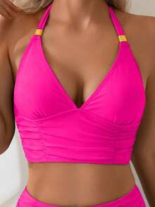 Swim Basics 2件組女款純色肩帶露背上衣與高腰比基尼下褲，附金色飾品，海灘度假比基尼套裝 - 玫紅色 - 查看 5