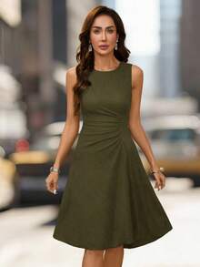 Editum Women's New Elegant Round Neck Solid Color Soft Olive Green Ruffle Mini Dress, Versatile For Date Brunch, Afternoon Tea, Birthday, Family Gathering - Army Green - View 7