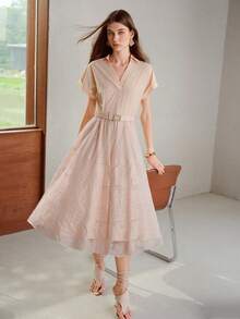 MOTF PREMIUM WOMEN'S CONTRAST LACE FLARE HEM BATWING SHORT SLEEVE BELTED DRESS - Pink - View 4