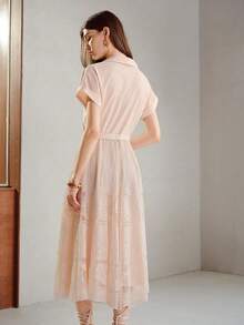 MOTF PREMIUM WOMEN'S CONTRAST LACE FLARE HEM BATWING SHORT SLEEVE BELTED DRESS - Pink - View 5
