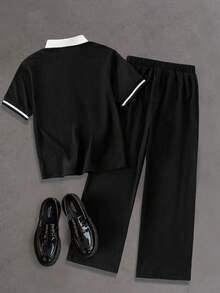 Tween Boy Gentleman Two-Piece Black Minimalist Color-Block Polo Collar Short Sleeve And Long Pants Set For Birthday Party School Wedding Autumn - Black - View 3