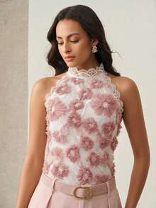 Anewsta Women's Heavy-Duty Stand Collar Textured Floral Fabric Lace Patchwork Top - Pink - View 6