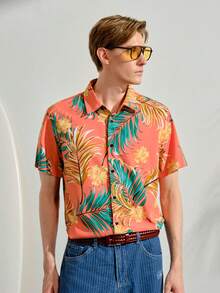 VeloEdit Loose Fit Tropical Print Shirt For Men, No Tee Long Sleeve - Orange - View 7