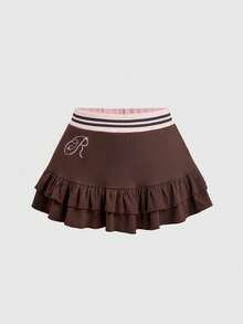 Mean Girls | ROMWE Women's T-Shirt Skirt With Rhinestone Off-Shoulder Meangirls Collaboration Y2K Slim Fit Ribbed Collar Knit Sexy - Mocha Brown - View 7