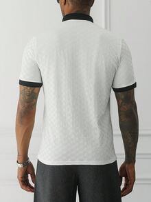 HUEFORM Men's Mature Style Rhombus Jacquard Vintage Old Money Casual Daily Commute Versatile Textured Contrast Color Collar Knit Short Sleeve Top - White - View 3