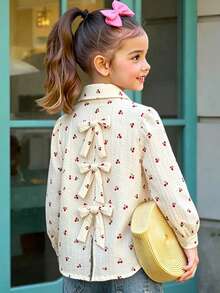 SHEIN Young Girl Textured Cherry Print Single-Breasted Fashion Shirt - Apricot - View 9