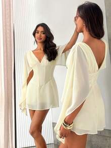 Aloruh Women's Deep V-Neck Cinched Waist Boning Umbrella Hem Mini Dress - Yellow - View 7