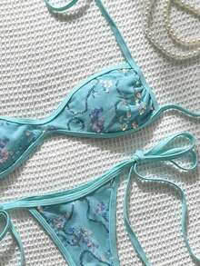 Swim SXY 2件組春夏海灘度假亮片紋理布料掛脖平胸式比基尼上衣與側綁帶G弦比基尼褲套裝 - 薄荷藍 - 查看 7