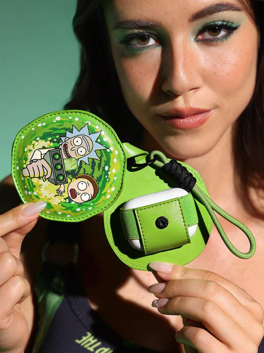 Rick and Morty X SHEIN 科幻傳送門主題矽膠耳機保護套,適用於 Pro 3,可愛角色防護殼附掛繩,可多用途作為包包吊飾與鑰匙圈配件 - 綠色 - 查看 1