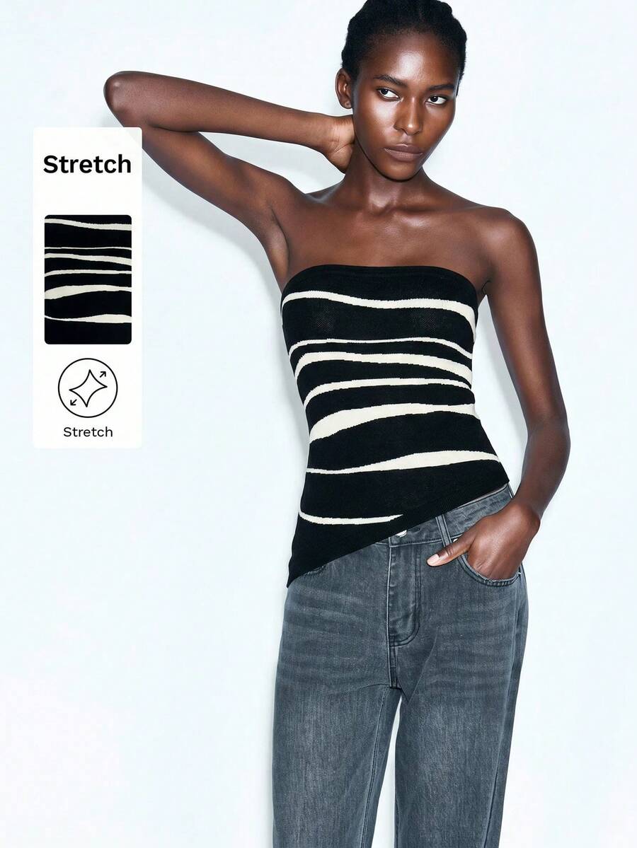 Maija 女款黑白條紋雙色四季性感平口上衣,交叉紗線設計下擺,適合外出、夜生活、夏季、秋季、萬聖節 - 黑色 - 查看 1