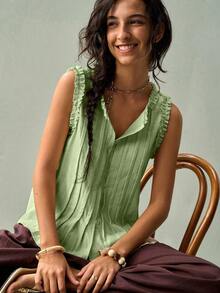 SoleilVie Tank Top Wanita Tanpa Lengan Musim Panas Musim Semi Elegan Gaya Cottagecore Boho Pakaian Liburan Pesta Hijau Sage - Hijau - View 3