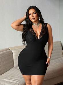 NU&NOW Robe moulante sexy en dentelle ajourée col V sans manches pour femmes grandes tailles - Noir - Voir 6