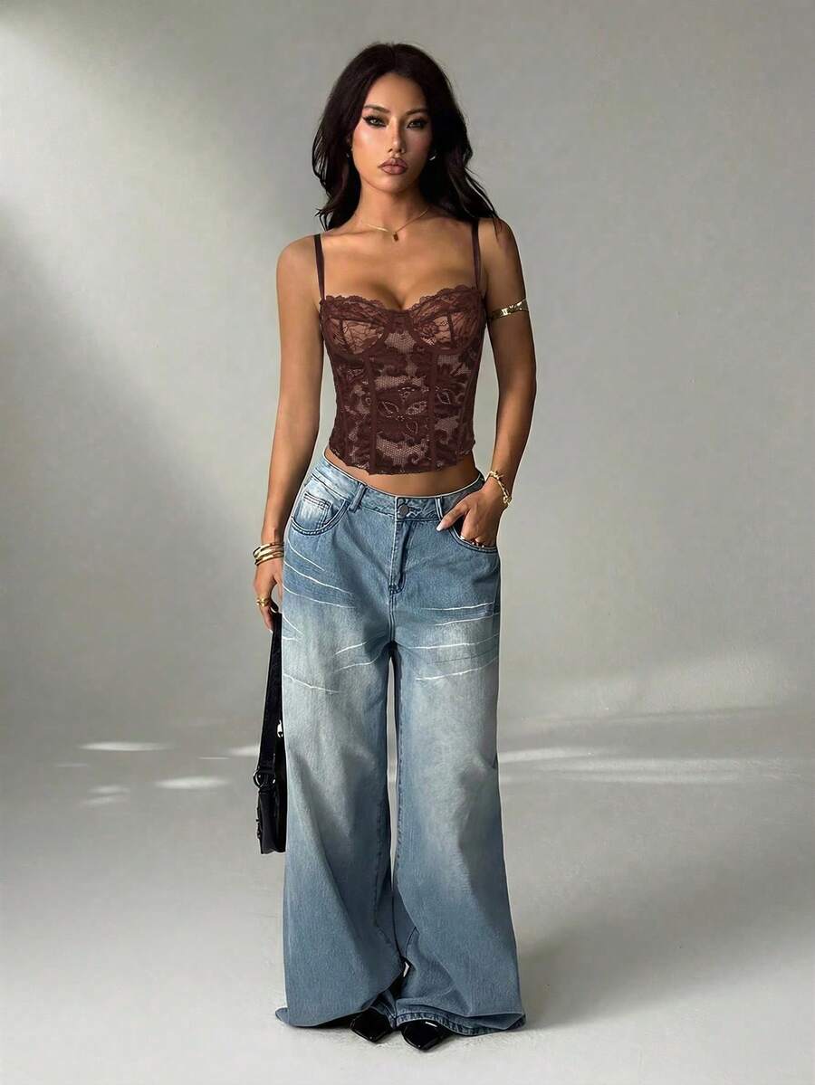 SHEIN PETITE 咖啡棕色蕾絲透視細肩帶上衣,時尚夜店風夏季女款束腰上衣,適合派對約會之夜,小碼女款 - 棕色 - 查看 1