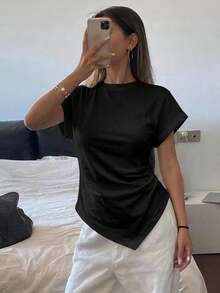 DAZY Women's Fitted Asymmetrical Hem Waist Gathered T-Shirt Summer - Black - View 14