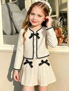 SHEIN Elladie kids 女童蝴蝶結外套套裝，戶外、返校、日常穿搭 - 白色 - 查看 6