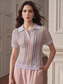 Anewsta Essential 女款夏季彩色條紋 Polo 領短袖上衣，可愛休閒設計 - 淡紫色 - 查看 5