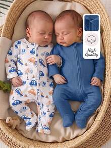 SHEIN Vintaside Kids 2件組四季新生兒居家服，灰藍色羅紋棉布，可愛淺杏色小車印花連身連腳連帽衣 - 藍色 - 查看 5