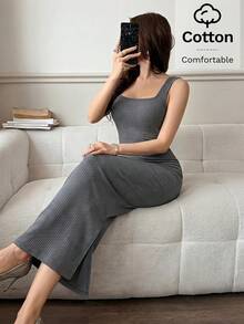 Feyla 女款素色休閒百搭方領側開衩裙 - 深灰色 - 查看 4