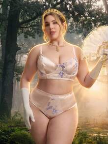 PinupPomp 2pcs 3/4 Cup Underwire Molded Cup Push-Up Support Satin Embroidered Vintage Romantic Plus Size Lingerie Set - Gold - View 4