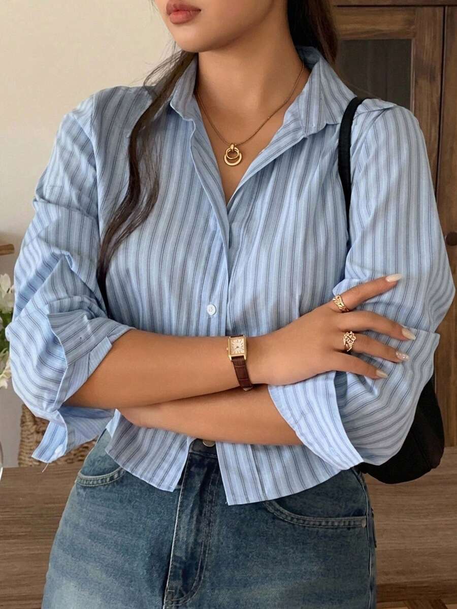 Dazy Plus Loose Casual Striped Collar Long Sleeve Blue Plus Size Women's Shirt, Spring Summer Autumn - Blue - View 1