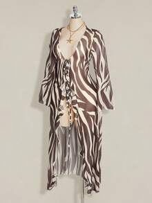 SHEIN ICON 女款大尺碼斑馬紋V領休閒百搭日常上衣 - 棕色 - 查看 5