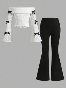 SHEIN 青少年女孩休閒優雅露肩蕾絲T恤上衣搭配純色喇叭褲套裝 秋冬穿搭 - 黑與白 - 查看 2
