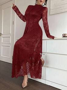 Feyla 優雅白色蕾絲長洋裝女款 - 酒紅色 - 查看 3