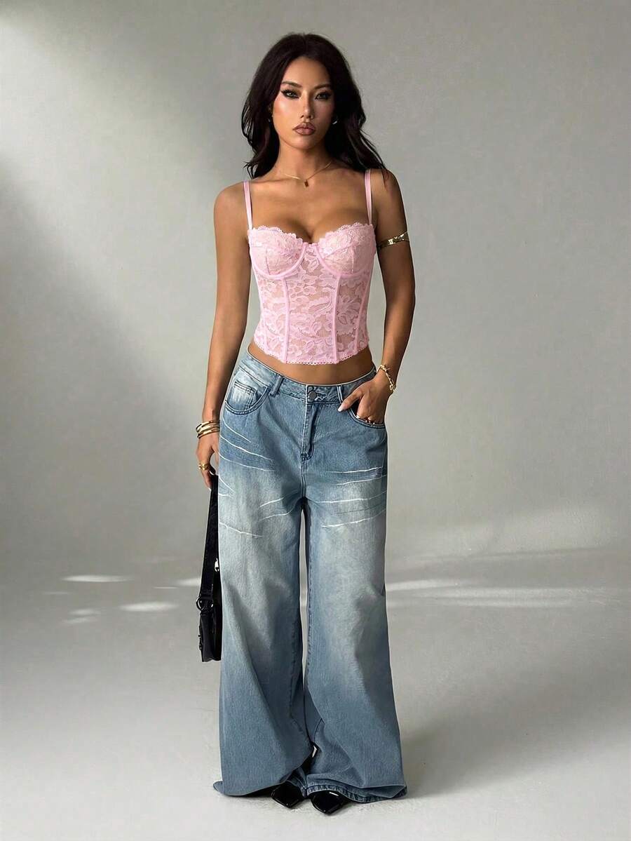SHEIN PETITE 女款粉色格紋 Y2K 夏季蕾絲透視細肩帶背心上衣,派對夜店穿搭,束胸式內衣上衣,抹胸上衣,可愛秋季疊穿 - 淺粉色 - 查看 1