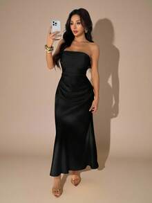 SHEIN PETITE 性感極簡純色黃奶油色抹胸抓皺緊身露背洋裝，適合派對、雞尾酒會、正式場合、伴娘、生日、聖誕節、宴會、商務休閒，女款派對洋裝，聖誕派對洋裝 - 黑色 - 查看 4