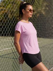 CourtClass CourtClass Camiseta deportiva para mujer primavera/verano con espalda calada, sexy, casual, minimalista y enérgica - Rosa - Ver 3