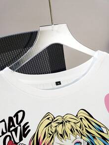 Harley Quinn X SHEIN 大尺碼女款字母卡通印花休閒 Y2K 百搭日常校園居家短袖 T 恤，萬聖節白色夏季款 - 白色 - 查看 4