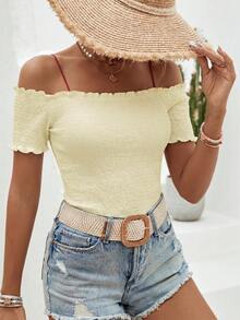 SHEIN VCAY Camiseta de mujer para vacaciones de unicolor con volantes, hombros descubiertos y manga corta - Albaricoque - Ver 4