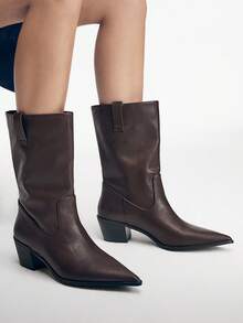 Mnmlis Pointed Thick Heel Medium Boots Versatile Soft Leather Thin Retro Stacked Ankle Boots Commuting British Style Thick Heel Thin Fall Shoes - Brown - View 7