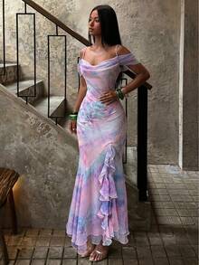 SHEIN BAE Spring/Summer Solid Light Pink Floral Gradient Print Women's Rhinestone Vintage Retro Elegant Romantic Maxi Dress Vacation - Pink - View 7