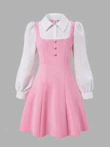 SHEIN Tween Girls White Soft Pink Colorblock Long Sleeve Dress With Pearl Button Decoration, Princess Style Cute Preppy School Back-To-School Autumn - Pink - View 6