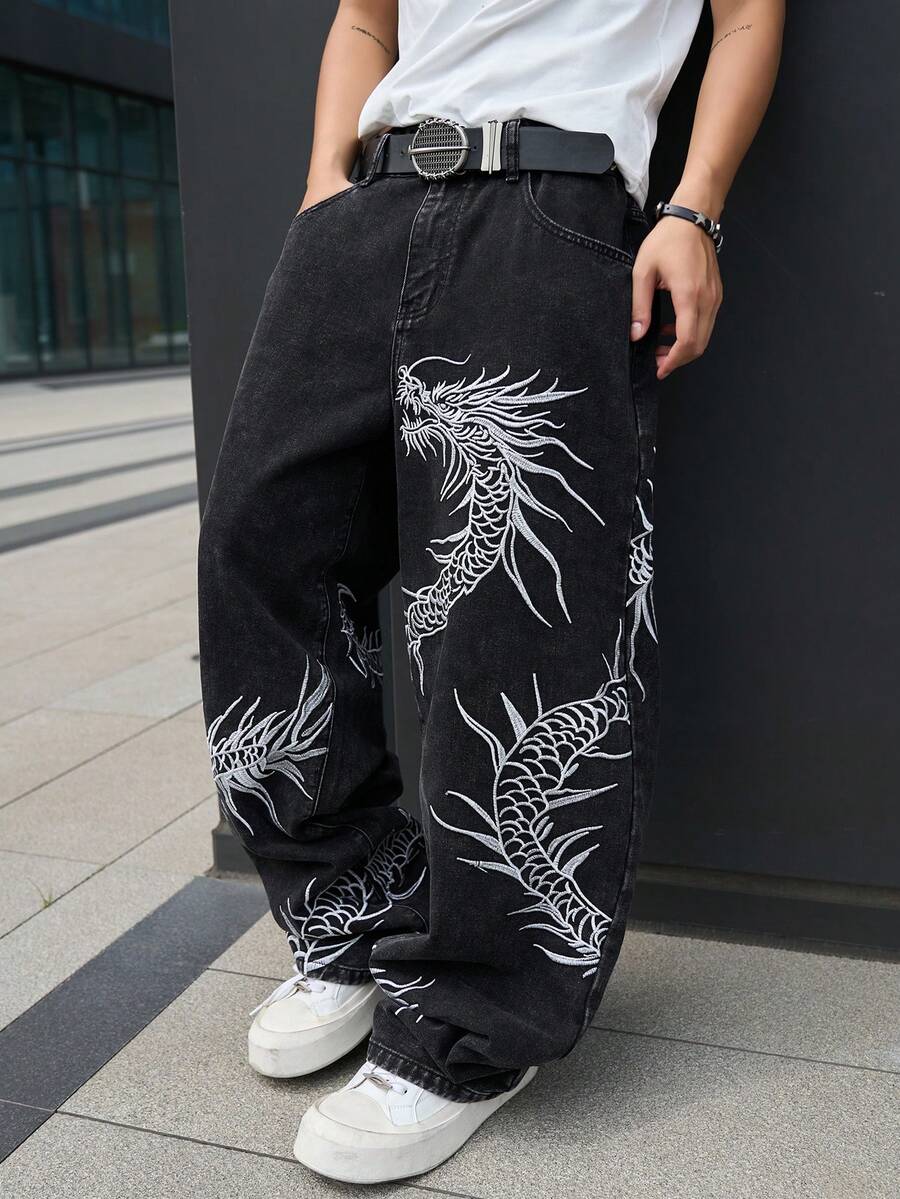 Manfinity EMRG 男士街頭風休閒刺繡黑色牛仔褲 - 黑色 - 查看 1